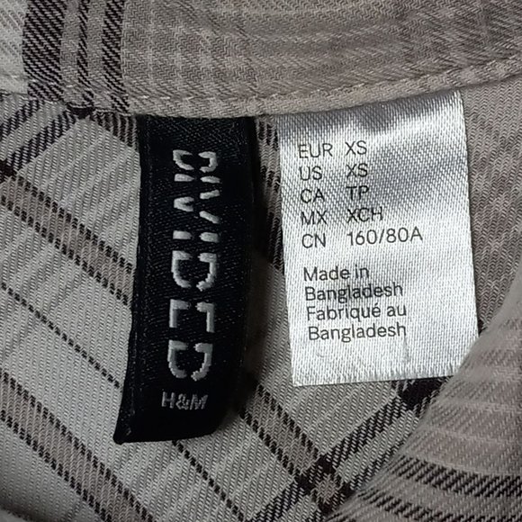 H&M Divided Plaid Long Sleeve 100% Soft Cotton Button Up‎ Beige Brown Collar XS - Picture 10 of 12